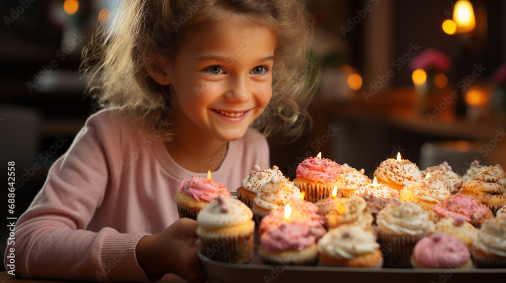 Child with a variety yummy muffins cupcakes.