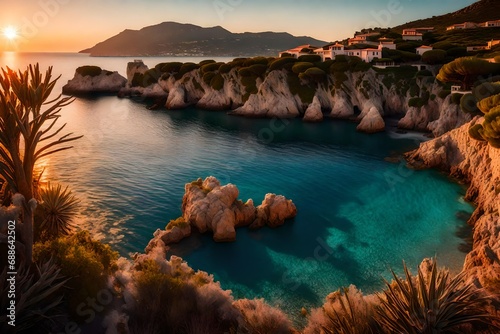 **dramatic spring sunset on the cape milazzo panorama of nature reserve piscina di venere- photo