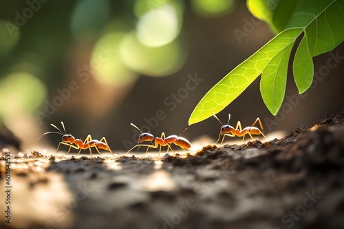 **ants carry the leaves back to build their nests,carrying leaves,close -up. sunlight background. concept team work together.