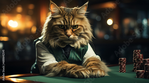 Cat showing poker chips at casino.