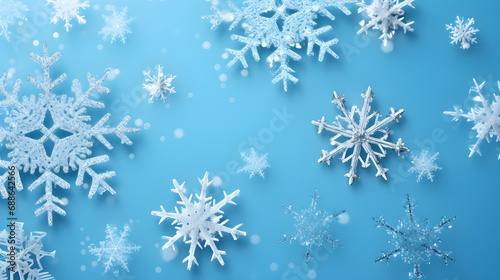 Cristal snowflakes on snow - Christmas and Winter background - Natural snowdrift close up with abstract blue lighting blurred background © petrrgoskov