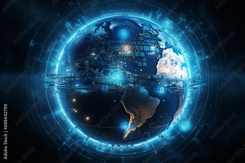 Fototapeta premium Planet Earth covered by Artificial Intelligence. Futuristic digital planet. View from the outer space