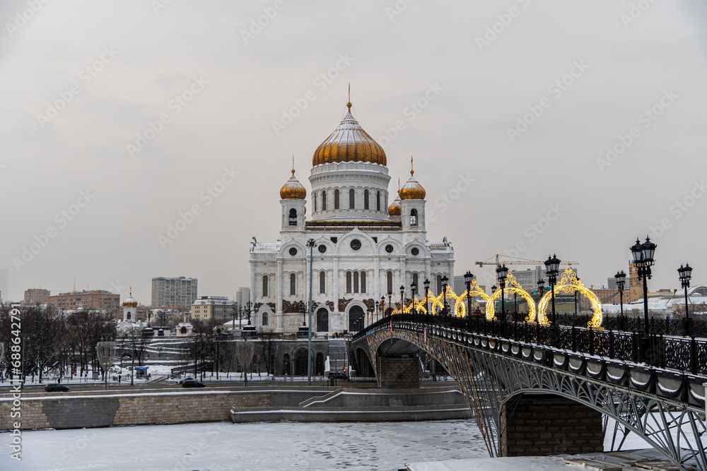 Orthodox Cathedral of Christ Savior on a winter evening in front of Orthodox Christmas.