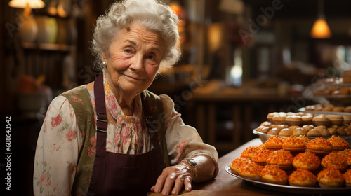 Elderly woman in a bakery shop.