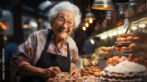 Elderly woman in a bakery shop. photo