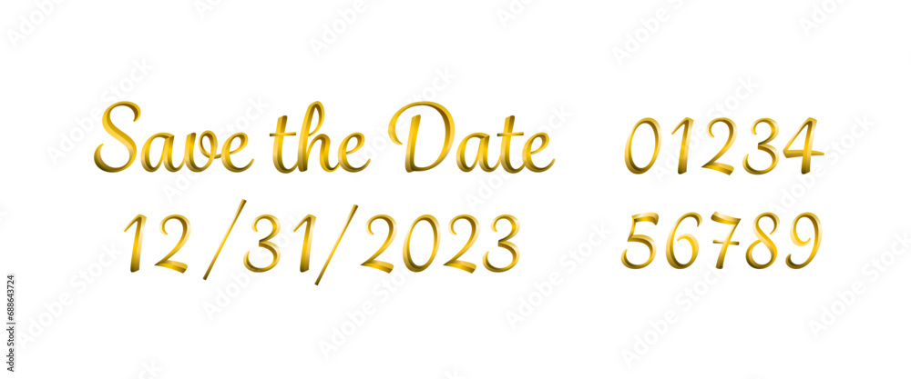 Save the date in golden 3d cursive metallic hand drawn vector type.