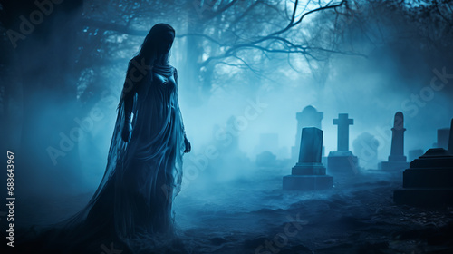 Mysterious female ghost silhouette veiled in translucent fabric emerges from fog in old cemetery among tombstones, creating an otherworldly ambiance and aura of ghostly mystique, scary ghost at night photo