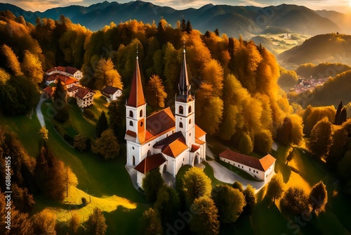 skofja loka, slovenia - aerial panoramic view of the beautiful hilltop church of sveti to maze (saint thomas) with amazing golden sunset and the julianvalps at background at summer-- photo