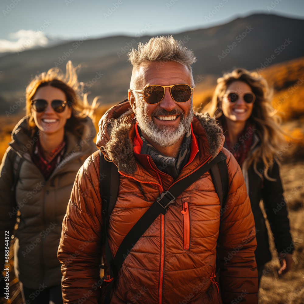 Middle age hikers enjoying walking in nature. Middle age hikers enjoying walking in nature.
