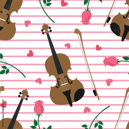 Valentines day seamless pattern with violins, roses and hearts. St Valentines background with fiddle and roses