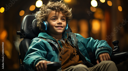 Young boy sitting in chair.