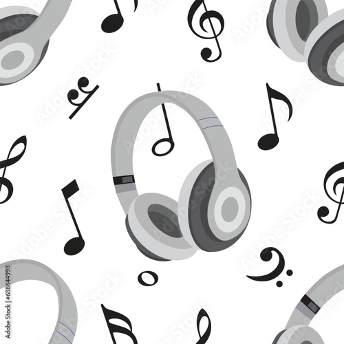 Seamless pattern with stereo headphones and musical notes isolated in white background