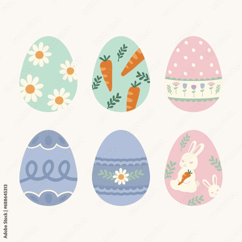 hand drawn vector illustration of a set of Easter design elements. Cute elements doodle collection in flat style. For poster, card, scrapbooking, invitation, graphic resource, social media, print