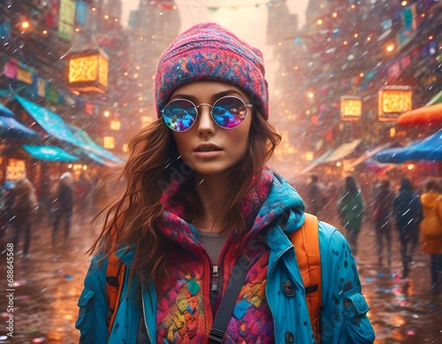 portrait of a happy young woman walking on the street, model wearing a stylish winter hat during the snow fall