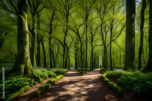 spring landscape with pathway thorough the wood young green leaves on the tree  rose of big trees trunks along the walkways  amsterdamse bos  forest  A park in amsttelveen and amstrerdam --