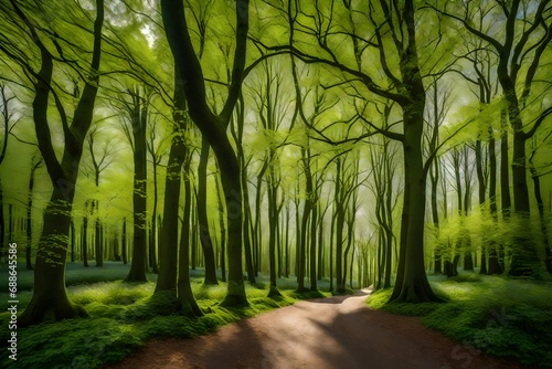 spring landscape with pathway thorough the wood young green leaves on the tree  rose of big trees trunks along the walkways  amsterdamse bos  forest  A park in amsttelveen and amstrerdam --