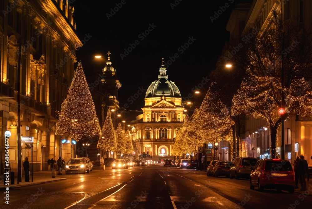 Naklejka premium Evening town street with Christmas illumination. Created with Generative AI.
