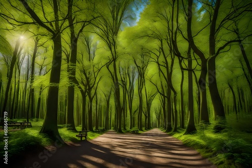   spring landscape with pathway thorough the wood young green leaves on the tree  rose of big trees trunks along the walkways  amsterdamse bos  forest  A park in amsttelveen and amstrerdam --