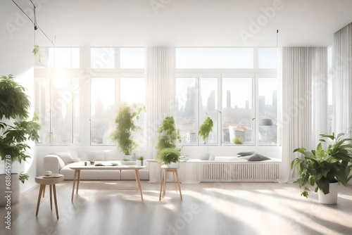 sunlight fills the spacious  airy rooms  biophilic design in a minimalist  white interior with plants.view of the city from the panoramic windows. ecological  green and modern interior concept--