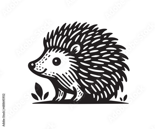 Cute little hedgehog black vector illustration. Monochrome icon, logo