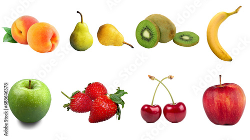 Tropical fruits for a good breakfast and lunch. Coconut, watermelon, apple, peach, banana, pineapple, blueberry, strawberry, pear, cherry and kiwi. Transparent background. Resource in png. © Moon Project