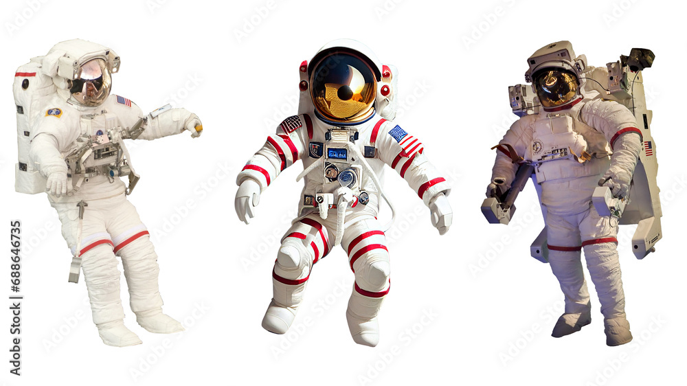 Astronaut floating in white suit and helmet. Transparent background. Resource in png.