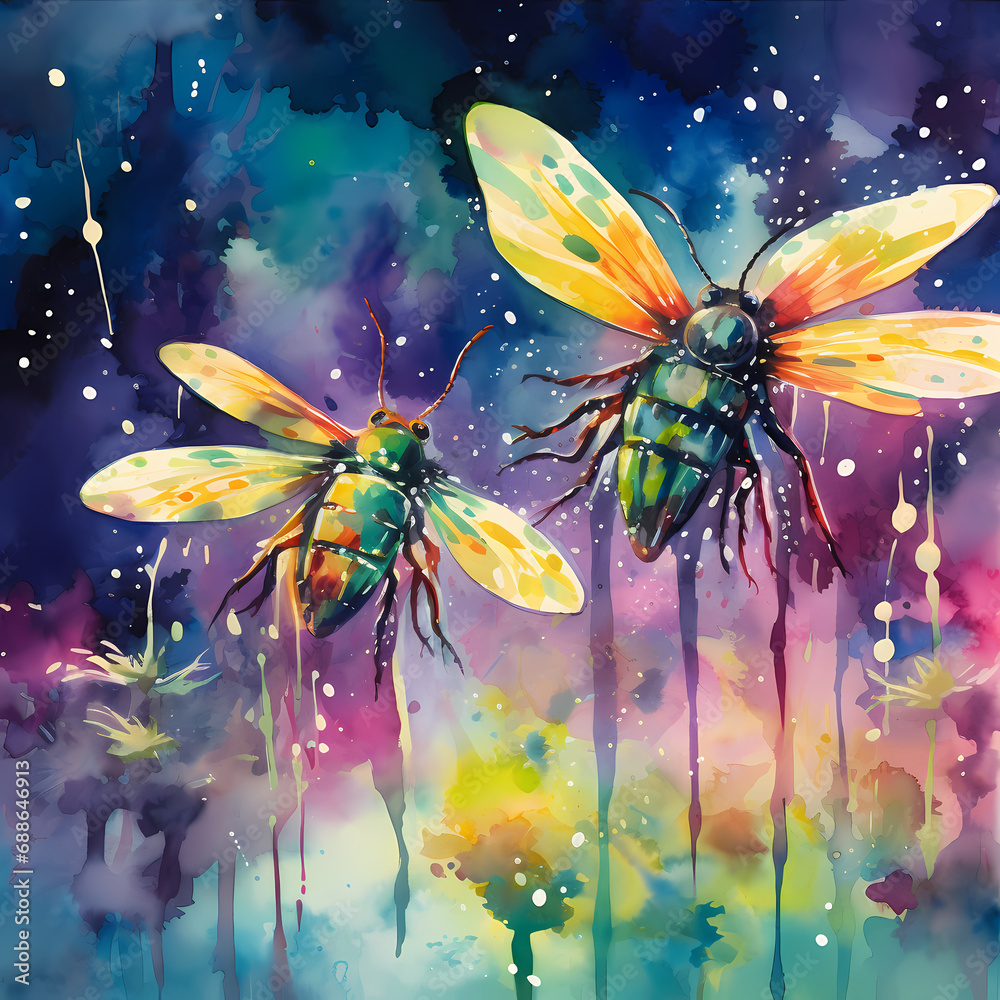 a symphony featuring chromatic watercolor strokes, abstract fireflies in an oasis setting, forming a unique and energetic composition