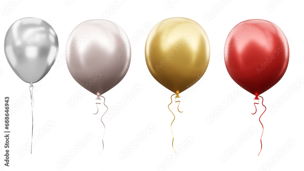 Bright colorful party balloons. Red, blue, gold, silver. Transparent background. Resource in png.