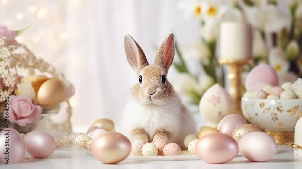 Easter bunny and Easter eggs on festive table. Easter greeting card. Cute Easter rabbit with decorated eggs and spring flowers. Tender composition. Easter celebration. Holiday Easter Card