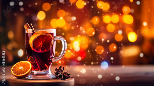 Glass cup with mulled wine and orange