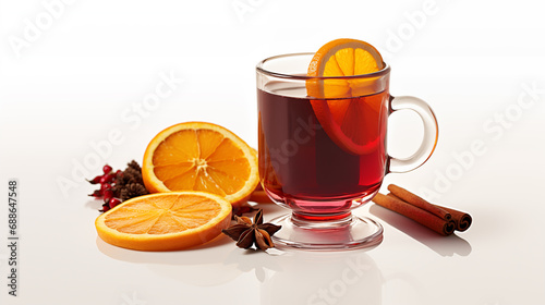 Glass cup with mulled wine and orange
