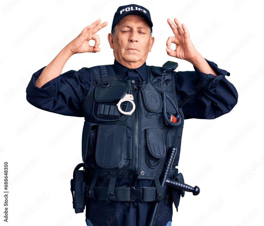 Senior handsome man wearing police uniform relax and smiling with eyes closed doing meditation gesture with fingers. yoga concept. Senior handsome man wearing police uniform relax and smiling with eyes closed doing meditation gesture with fingers. yoga concept.