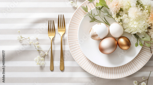 Beautiful Easter festive table setting on light background. Holiday decoration. Happy Easter concept. Copy space for Text. Flat lay. Easter celebration, greeting card, restaurant menu