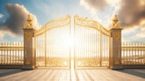 Golden Gates of heaven with sunshine in clouds. Way to Heaven in glory, gates of Paradise, meeting God, symbol of Christianity. Gates of heaven coming out of the clouds, floating in the sky