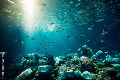 The seabed is covered with a lot of plastic debris: bottles, bags and other plastic debris. Ocean plastic pollution