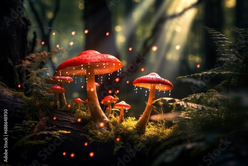 Photo of the enchanting world of fungi in the forest. Generative AI