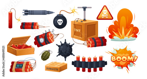 Dynamite and bomb set. Vector icon set of explosive lethal weapon, TNT, dynamite pack and sticks with burning fuse, mine, hand grenade, missile, danger sign, nuclear bomb. Military weapon, army, war photo