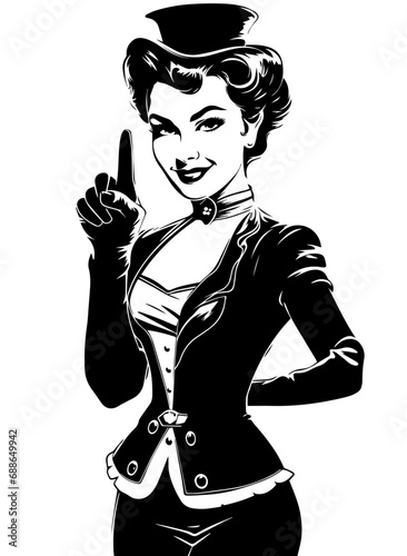 Elegant assertiveness captured in monochrome, a woman in vintage attire makes a point