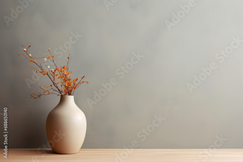 Clay vase with branch of tree standing on wooden table on minimal wall banner background. Scandinavian style interior design