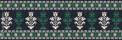 Abstract ethnic pixel border pattern flower. Aztec fabric boho mandalas India sari border design textile wallpaper. Tribal native motif African American saree borders Saree embroidery vector 