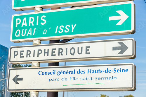 Paris, Peripherique and general council of Hauts-de-Seine road signs in France