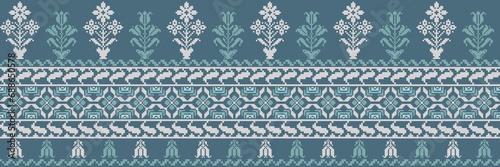 Abstract ethnic pixel border pattern flower. Aztec fabric boho mandalas India sari border design textile wallpaper. Tribal native motif African American saree borders Saree embroidery vector 