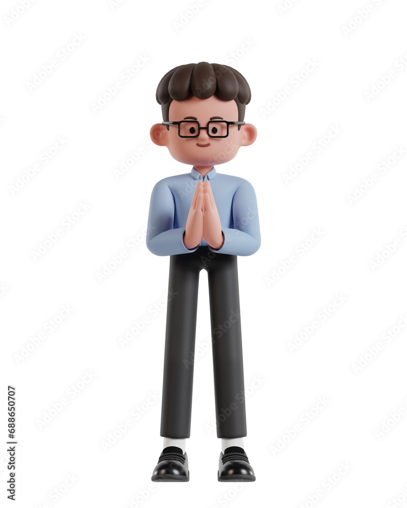 3d Illustration of Cartoon curly haired businessman wearing glasses doing namaste or welcoming gesture