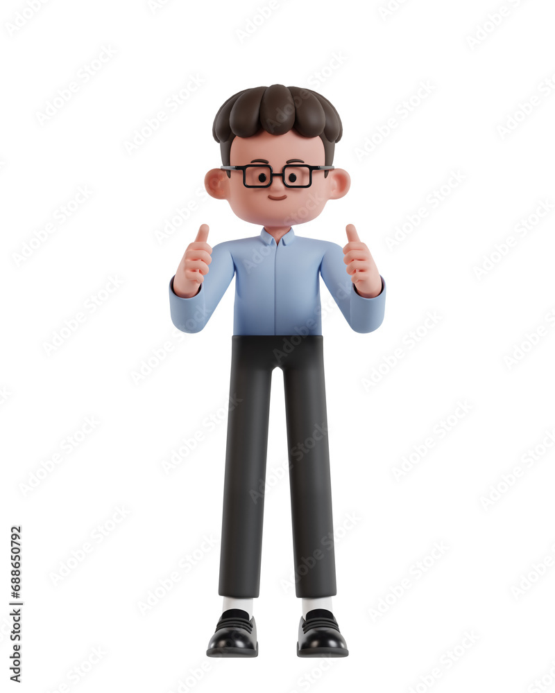 3d Illustration of Cartoon curly haired businessman wearing glasses give double thumbs up