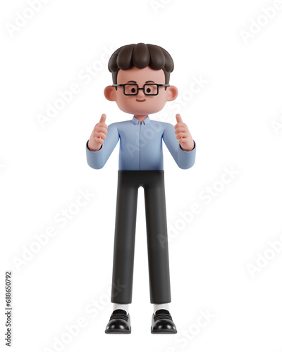 3d Illustration of Cartoon curly haired businessman wearing glasses give double thumbs up