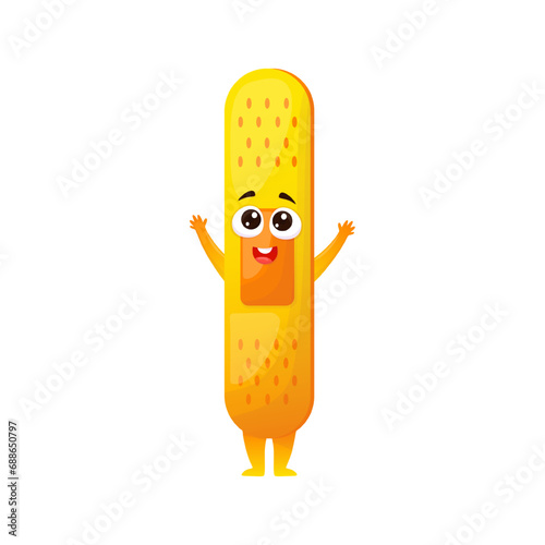 Cartoon style vector character of cheerful medical adhesive plaster.Children's illustration for hospitals, pharmacies, print and games without colorful medical mascot background.