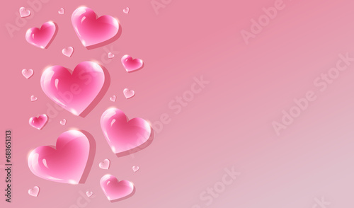 Holiday Valentine s day banner. Greeting card with glass hearts. Background