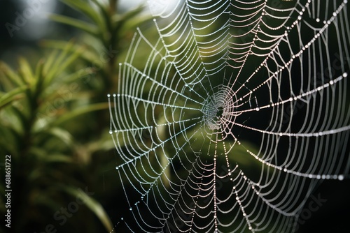 Photo of the intricate web spun by a garden spider. Generative AI