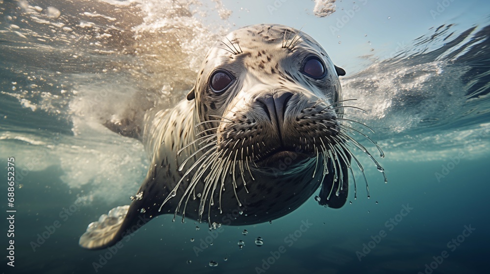 Seals are swimming in the sea. - obrazy, fototapety, plakaty 