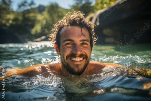 Sunny Serenity: A Joyful Man Swimming in a Mountain River 
